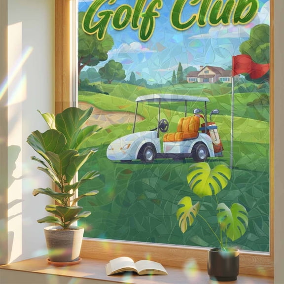 Golf Club Window Privacy Film, Cartoon Golf Cart Balls Sport Grass Stained Glass Rainbow Film Decorative Window Clings, Static Cling Sun Blocking Stickers 17.7" x 39.3"
