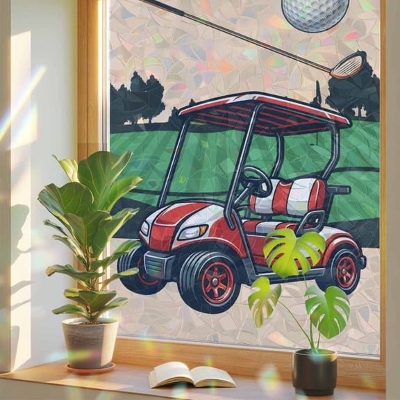 Golf Club Window Privacy Film, Vintage Golf Ball Cart Grass Beige Background Stained Glass Rainbow Film Decorative Window Clings, Static Cling Sun Blocking Stickers 17.7" x 39.3"