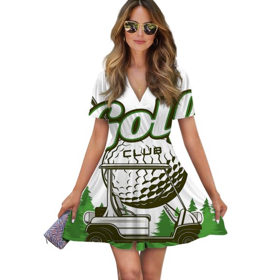 Golf Club Women Dress V-Neck Short Sleeve Flowy Swing Party Midi Dress