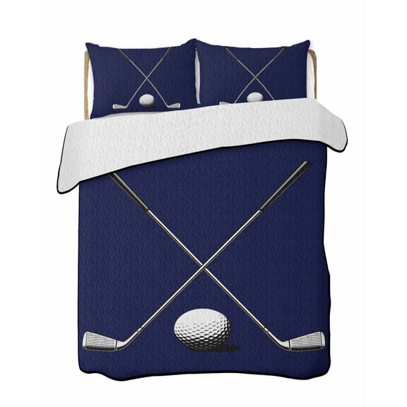Golf Clubs Golf Bal Quilts Bedding Set California King Classic Sport Dark Blue Background Lightweight Quilted Bedspread 3 Piece Bed Quilt with 2 Pillow Shams All Season for Bedroom 96" x 106"