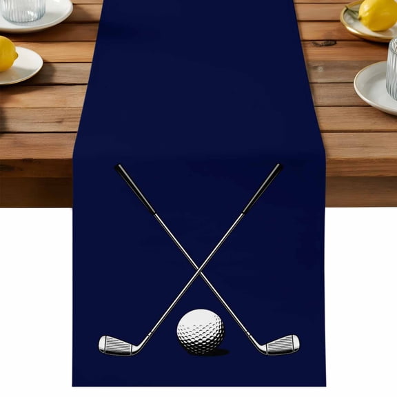Golf Clubs Golf Bal Table Runner, Classic Sport Dark Blue Background Cotton Linen Table Cloth, Tablerunner for Kitchen Dining Party Wedding Home Decor 13x36 Inch