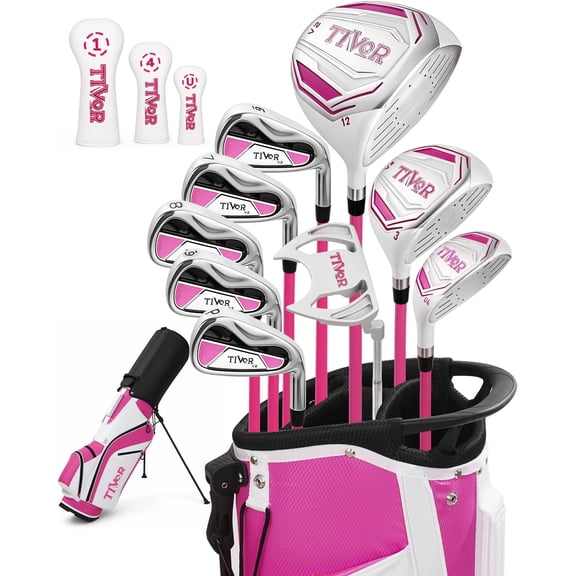 Women's Complete 13-Piece Golf Club Set, Left Handed, Driver Fairway Wood Hybrid Irons Putter, Stand Bag & 3 Headcovers, Pink