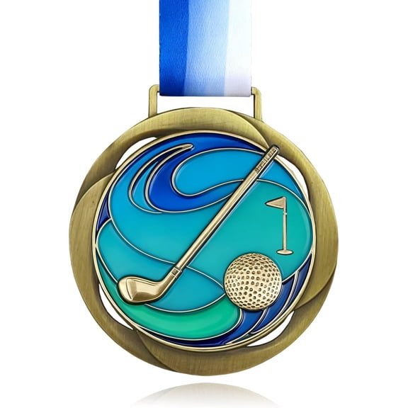 Golf Color Medal - 3.34 Inch Wide Tournament Medallion- GOlympic Style Winner Medals Gold & Stripes Neck Ribbon for Kids Adults Sports Tournament