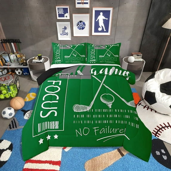 Golf Comforter Set Full Size Sports Themed Bedding Set,Green and White Golf Bed Comforter Sets Ball Games Quilt Bed Set Golf Bedroom Decor with 2 Pillowcases