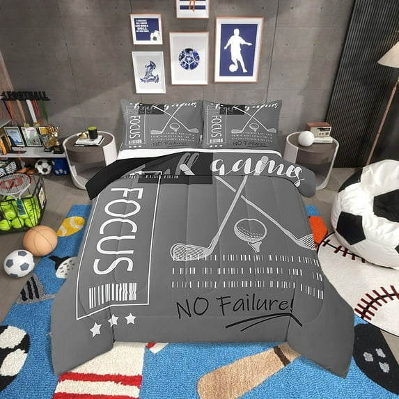 Golf Comforter Set Full Size Sports Themed Bedding Sets,Gray and White Golf Quilt Bed Set Ball Games Down Comforter Golf Bedroom Decor with 2 Pillowcases
