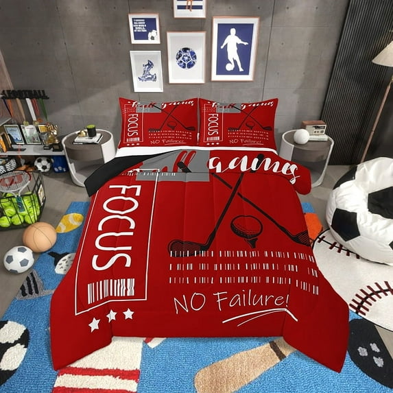 Golf Comforter Set King Size Sports Theme Bedding Set,Red Black White Golf Bed Comforter Sets Ball Gaming Quilt Bed Set Golf Bedroom Decor with 2 Pillowcases