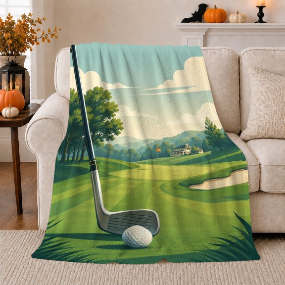 Golf Course Landscape Club Ball Painterly Scene Golf, Peaceful Mountain Lake Scene, Warm Flannel Blanket for Clubhouse and Game Room, Outdoor Lovers person's Day Gift, Artistic Home Decor