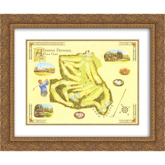 Golf Course Map - Augusta 2x Matted 12x10 Gold Ornate Framed Art Print by Bernard Willington
