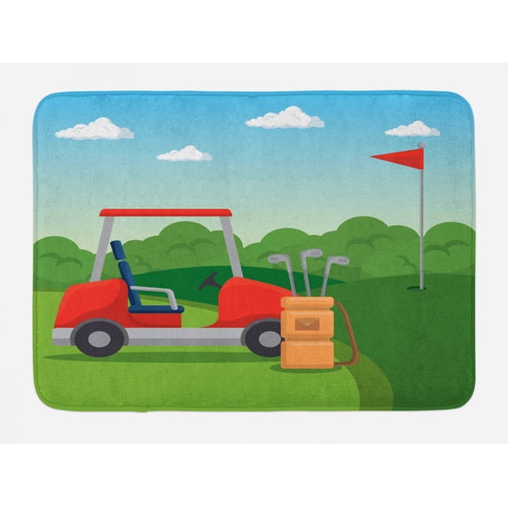 Golf Course Scene Bath Mat, Cartoon Illustration of Golf Car and Flags Hobby Lifestyle, Plush Bathroom Decor Mat with Non Slip Backing, 29.5" X 17.5", Fern Green Multicolor, by Ambesonne