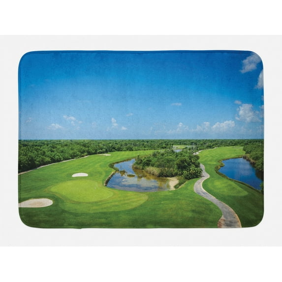 Golf Course Scene Bath Mat, Panoramic Real Picturesque of a Field Forest Greenery in the Open, Plush Bathroom Decor Mat with Non Slip Backing, 29.5" X 17.5", Multicolor, by Ambesonne