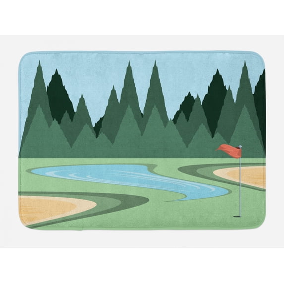 Golf Course Scene Bath Mat, Sportive Activity Field with Forest Pond and Flag Print, Plush Bathroom Decor Mat with Non Slip Backing, 29.5" X 17.5", Forest Green Multicolor, by Ambesonne