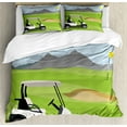 thumbnail image 1 of Golf Course Scene Duvet Cover Set, Cartoon Landscape with Car Field Mountains and Flag Print, Decorative 3 Piece Bedding Set with 2 Pillow Shams, King Size, Lime Green Multicolor, by Ambesonne, 1 of 3