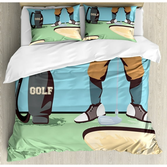 Golf Course Scene Duvet Cover Set, Golfer Man Feet with Lofter and Bag Cartoon Illustration, Decorative 3 Piece Bedding Set with 2 Pillow Shams, Queen Size, Pale Green Multicolor, by Ambesonne