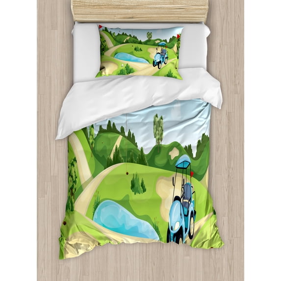 Golf Course Scene Duvet Cover Set, Summer Landscape Sportive Hobby with Hills Car Pond and Flags, Decorative 2 Piece Bedding Set with 1 Pillow Shams, Twin Size, Apple Green Multicolor, by Ambesonne
