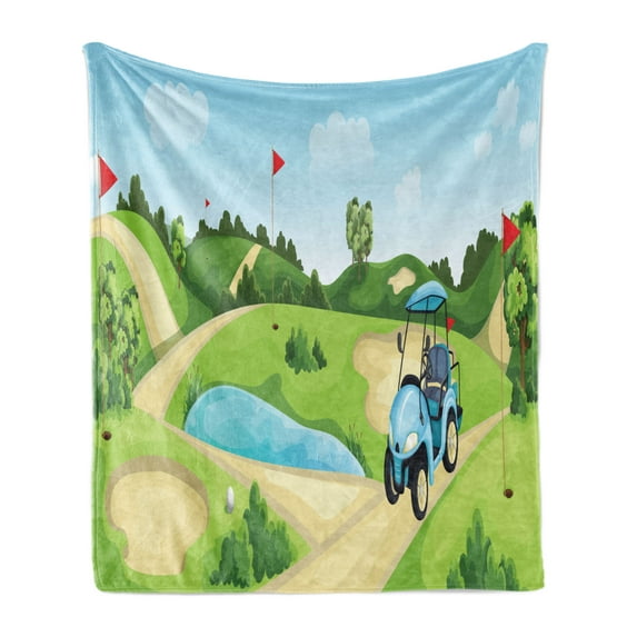 Golf Course Scene Soft Flannel Fleece Blanket, Summer Landscape Sportive Hobby with Hills Car Pond and Flags, Cozy Plush for Indoor and Outdoor Use, 50" x 60", Apple Green Multicolor, by Ambesonne