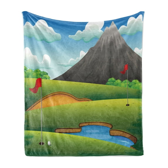Golf Course Scene Soft Flannel Fleece Throw Blanket, Cartoon Graphic of Hills Majestic Mountain Hole Flags Pond, Cozy Plush for Indoor and Outdoor Use, 50" x 60", Apple Green Multicolor, by Ambesonne