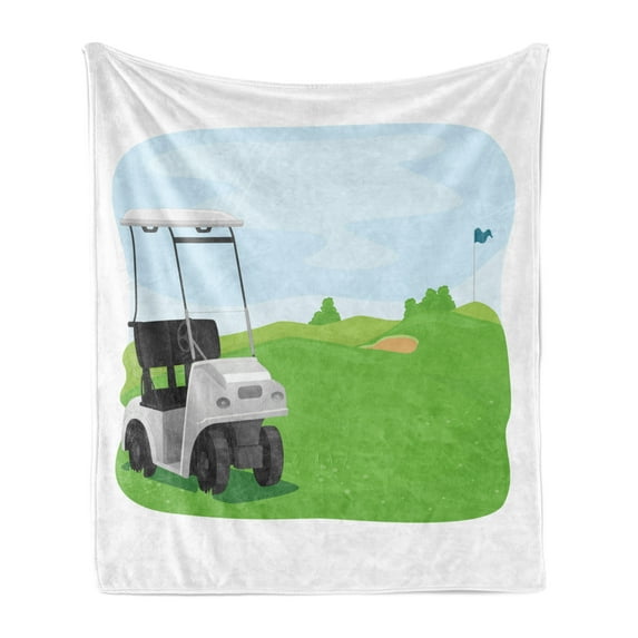 Golf Course Scene Soft Flannel Fleece Throw Blanket, Cartoon Style Graphic Image of a Car and a Field Hobby, Cozy Plush for Indoor and Outdoor Use, 60" x 80", Lime Green Blue, by Ambesonne