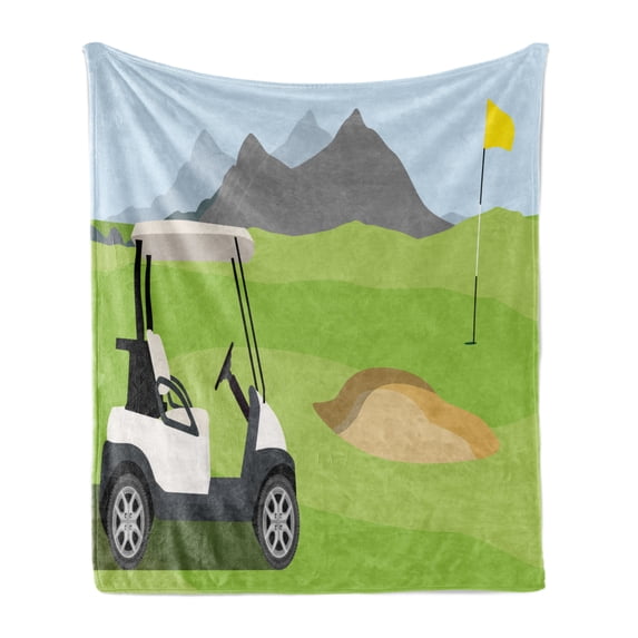 Golf Course Scene Soft Flannel Fleece Throw Blanket, Cartoonish Golf Club Themed Mountains Little Car and Flag, Cozy Plush for Indoor and Outdoor Use, 60" x 80", Lime Green Multicolor, by Ambesonne