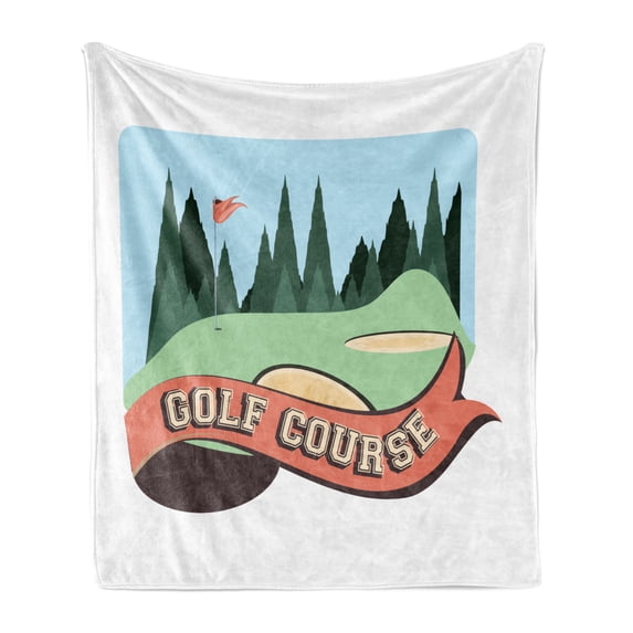 Golf Course Scene Soft Flannel Fleece Throw Blanket, Cartoonish Graphic of Forest Hills and Flag Lettering on Ribbon, Cozy Plush for Indoor and Outdoor Use, 50" x 60", Multicolor, by Ambesonne