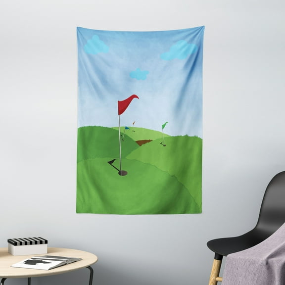 Golf Course Scene Tapestry, Landscape Image of Grassy Hills and Colorful Flags, Wall Hanging for Bedroom Living Room Dorm Decor, 40W X 60L Inches, Green Sky Blue and Vermilion, by Ambesonne