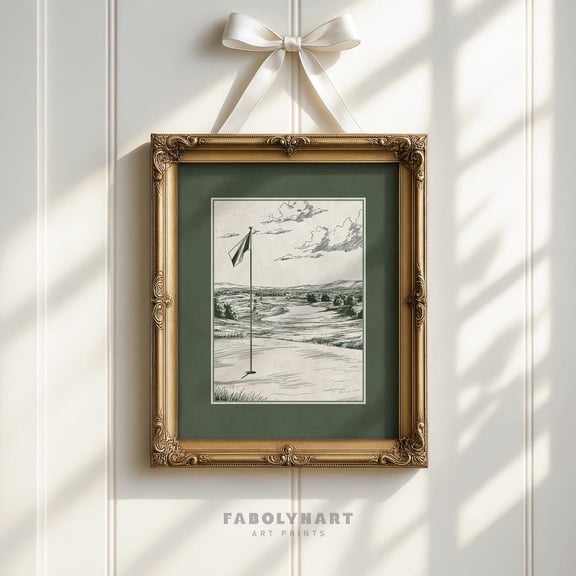 Golf Course Sketch Wall Art Sage Green Golf Club Rustic Country Landscape Decor, Unframed Poster