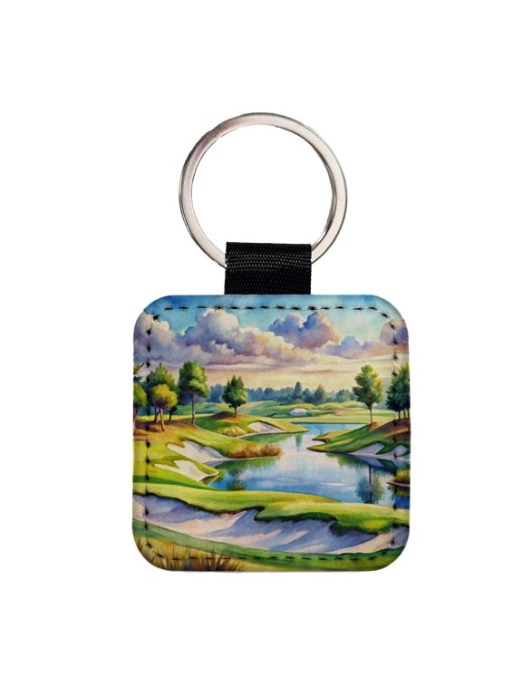 Golf Course With Sand Traps And Lake Watercolor Faux Leather Square Keychain