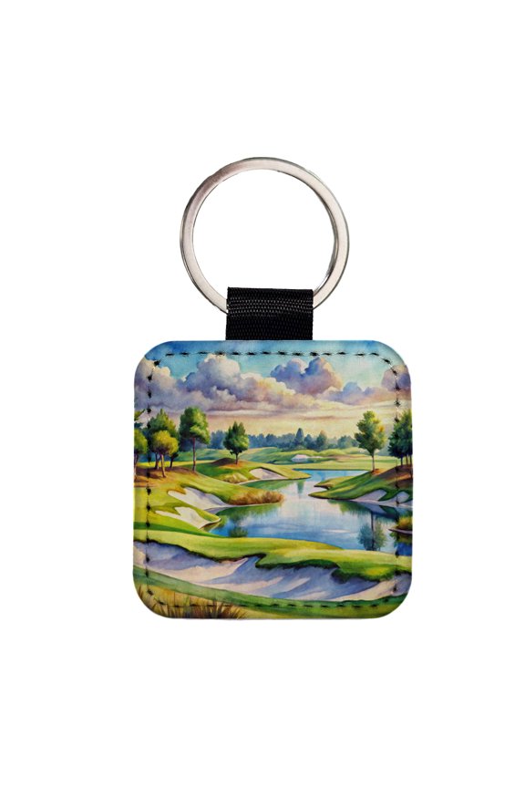 Golf Course With Sand Traps And Lake Watercolor Faux Leather Square Keychain