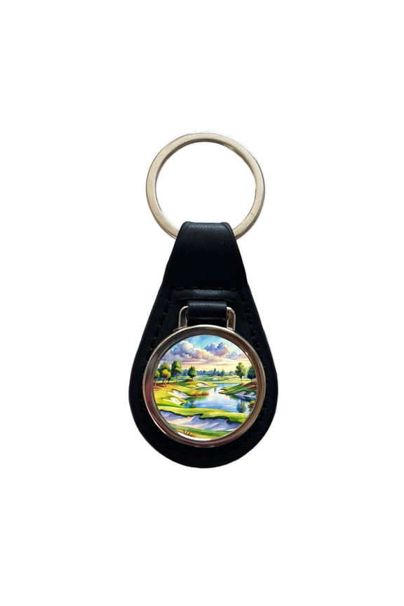 Golf Course With Sand Traps And Lake Watercolor Metal Black Leather Keychain