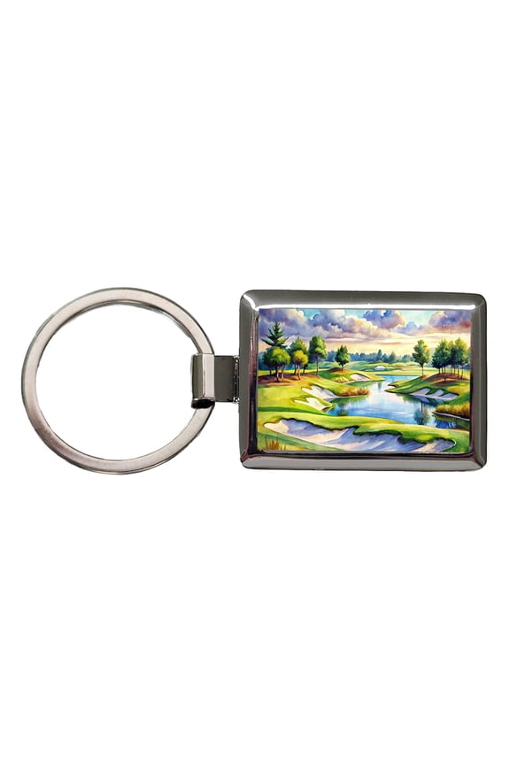 Golf Course With Sand Traps And Lake Watercolor Metal Rectangle Keychain