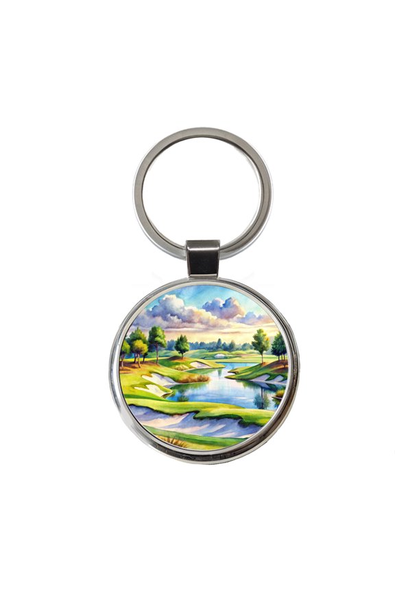 Golf Course With Sand Traps And Lake Watercolor Metal Round Keychain
