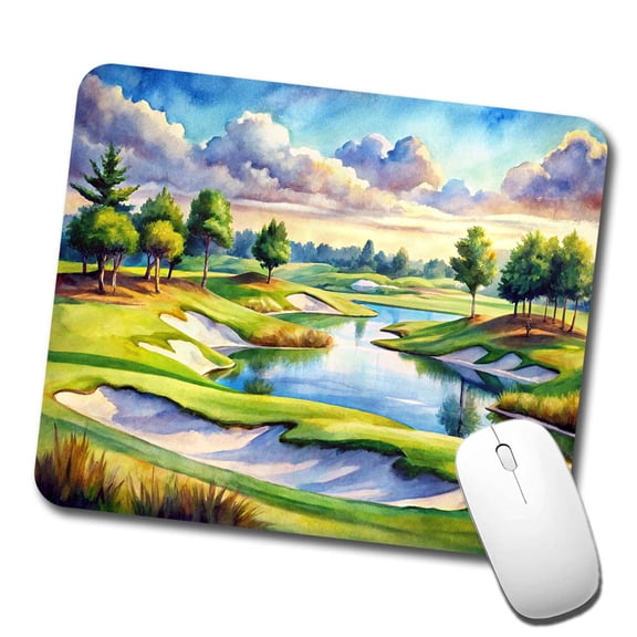 Golf Course With Sand Traps And Lake Watercolor Mouse Pad Low Profile Gaming Mat