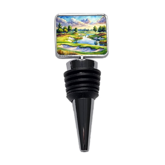 Golf Course With Sand Traps And Lake Watercolor Wine Bottle Stopper Cap Plug