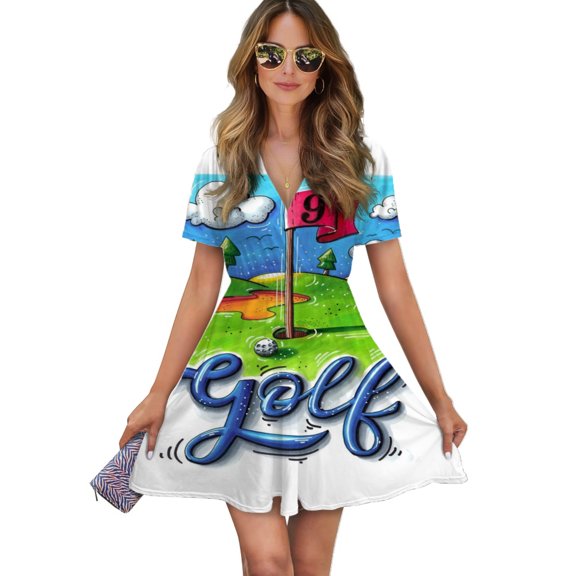 Golf Course Women Dress V-Neck Short Sleeve Flowy Swing Party Midi Dress