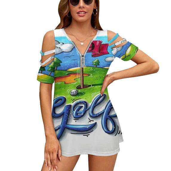 Golf Course Womens Summer V Neck Zipper Top Short Sleeve T Shirt Off Shoulder Top Casual Classy Loose Shirts