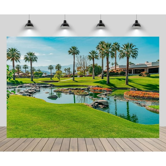 Golf Courses Theme Pretty Backdrop California Palm Springs City Vacation Resort Green Meadow Ponds Mountain Blue Sky Background Golf Theme Wedding Birthday Party Decor Photo Props Wallpaper