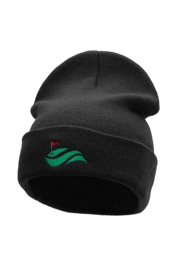 Golf Cup and Greens Embroidered 12 inch Acrylic Cuffed Long Beanie - Black OSFM