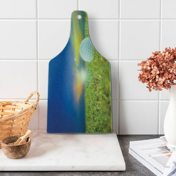 Golf Cutting Board, Ball on the Teeing Ground Lawn with Picturesque Sunset Rural Background, Decorative Tempered Glass Cutting and Serving Board, in 3 Sizes, by Ambesonne