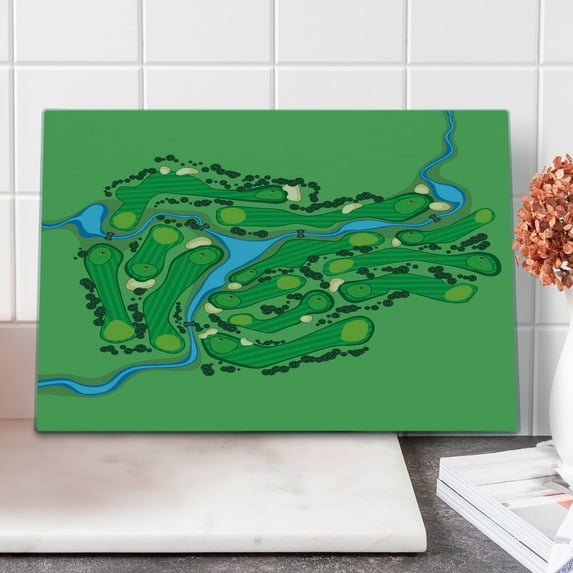 Golf Cutting Board, Map of a Golf Course Layout with Flags Trees Plants River and Bridges Game Abstract, Decorative Tempered Glass Cutting and Serving Board, in 3 Sizes, by Ambesonne