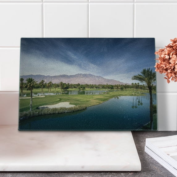 Golf Cutting Board, Picturesque Landscape of Chino Canyon Palm Springs Summer Day Setting, Decorative Tempered Glass Cutting and Serving Board, in 3 Sizes, by Ambesonne