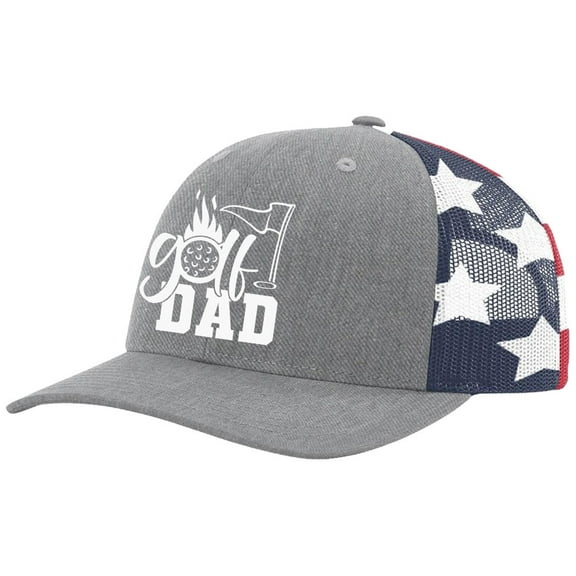 Golf Dad Golfer Men's Embroidered Mesh Back Trucker Hat, Heather Grey/American Flag