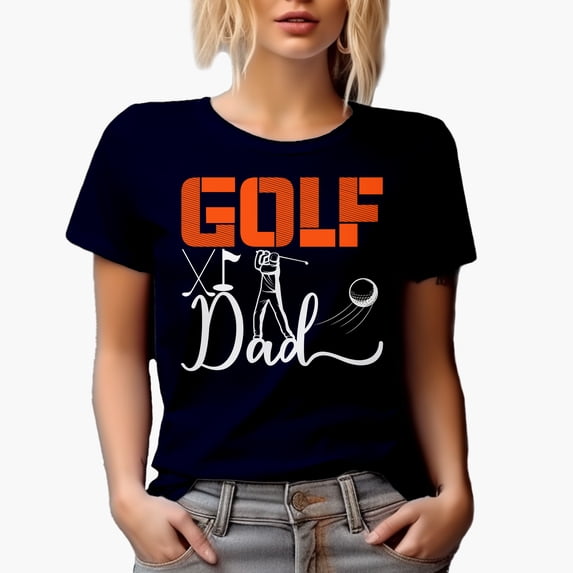 Golf Dad with Ball, Flag, Clubs & Swinging Golf Player, Golfing or Golfer Themed Merch Gift, Navy Blue T-Shirt, 3XL