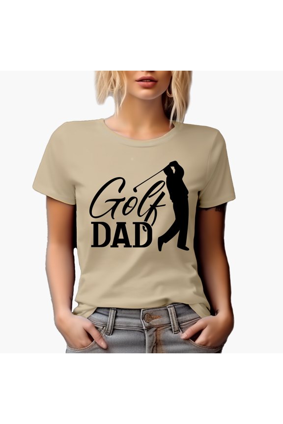 Golf Dad with a Swinging Man Golf Player, Golfing or Golfer Themed Merch Gift, Tan T-Shirt, L