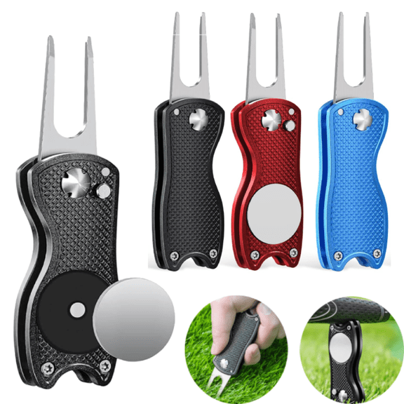 Golf Divot Repair Tool, Foldable Magnetic Pop-up Button Stainless Steel Switchblade & Detachable Golf Ball Marker