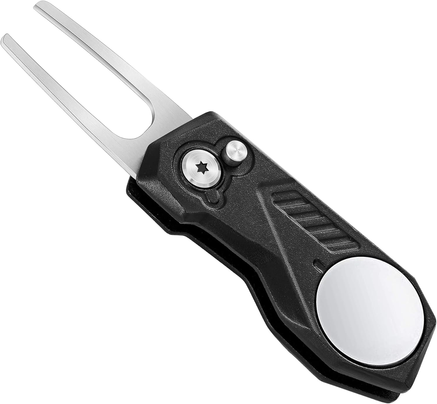 Golf Divot Repair Tool w Magnetic Golf Ball Marker | All Metal Foldable Divot Tool w Pop-up Button | Golf Accessories for Men