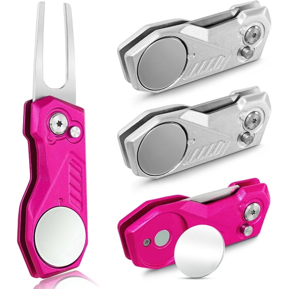 Golf Divot Repair Tool w Magnetic Golf Ball Marker | All Metal Foldable Divot Tool w Pop-up Button | Golf Accessories for Men