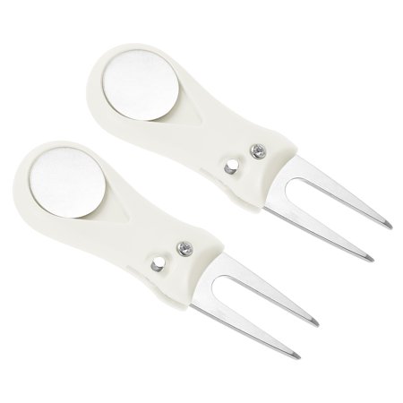 Golf Divot Tool, 2 Pack of Foldable Repair Fork with Button Ball Marker Training Accessory, White