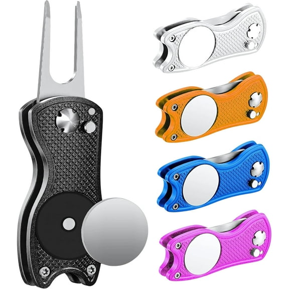 Golf Divot Tool with Magnetic Ball Marker, Divot Repair Tool, Foldable Fork - Fix Divots, Clean Clubs and Cleats, U Shape Bottom Club Holder, Black
