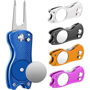 Golf Divot Tool with Magnetic Ball Marker, Divot Repair Tool, Foldable Fork - Fix Divots, Clean Clubs and Cleats, U Shape Bottom Club Holder, Blue