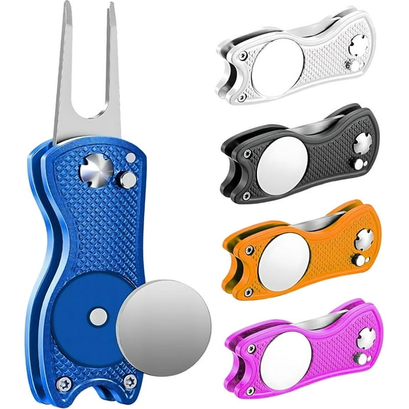 Golf Divot Tool with Magnetic Ball Marker, Divot Repair Tool, Foldable Fork - Fix Divots, Clean Clubs and Cleats, U Shape Bottom Club Holder, Blue