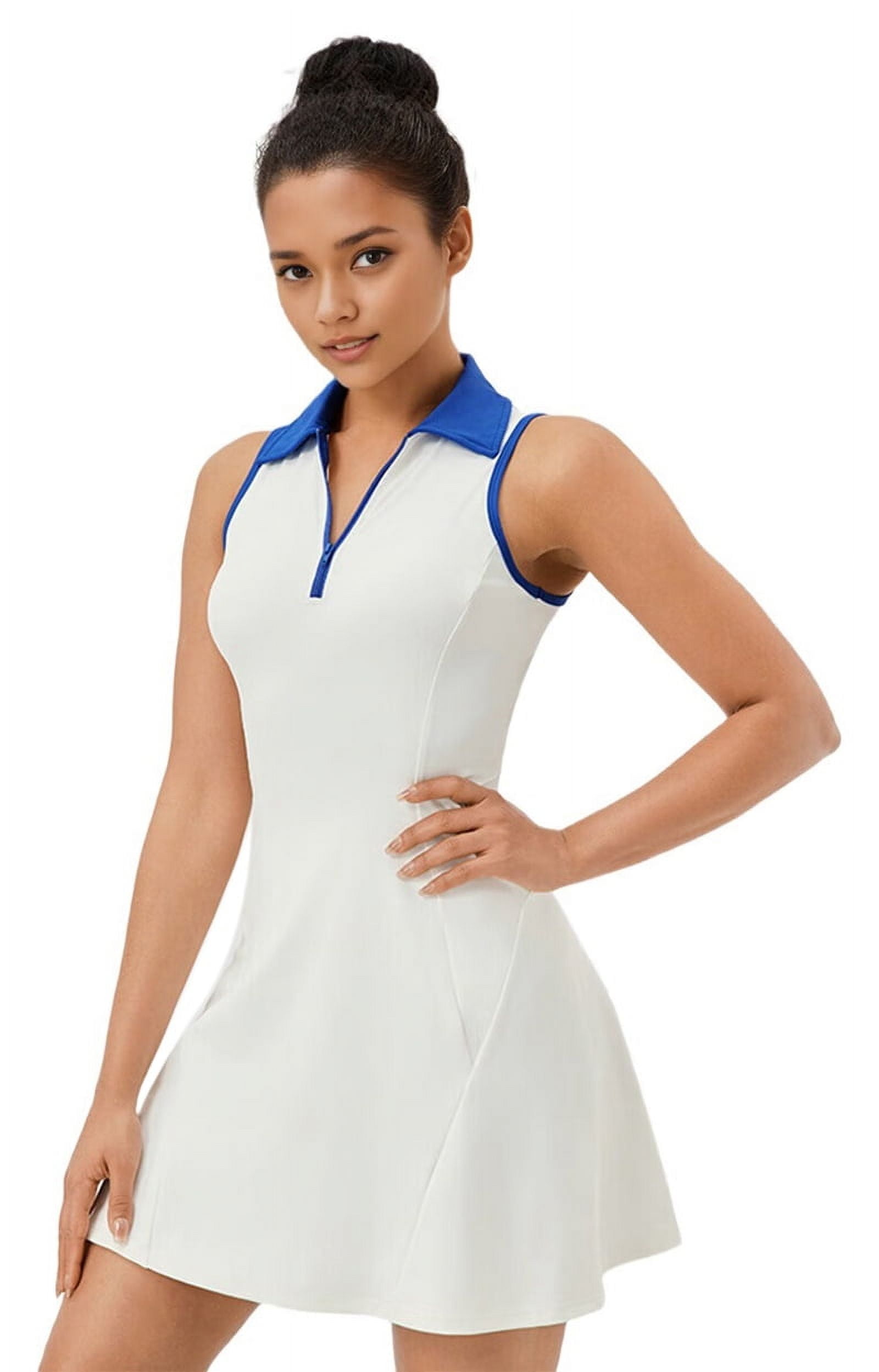 Golf Dress for Women Tennis Dresses with Shorts Pockets Sleeveless Sport Active Workout Athletic Dress White-Blue XL